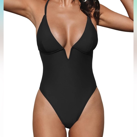 Deep V-Wire Cross Back Cheeky Black One Piece Swimsuit - Picture 1 of 6